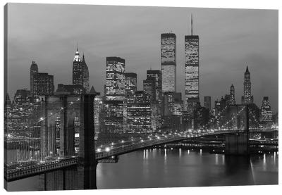 1980s New York City Lower Manhattan Skyline Brooklyn Bridge World Trade Center Canvas Art Print - Skyline Art