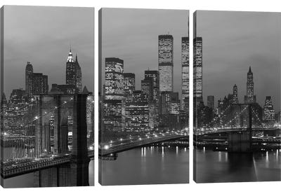1980s New York City Lower Manhattan Skyline Brooklyn Bridge World Trade Center Canvas Art Print - 3-Piece Photography