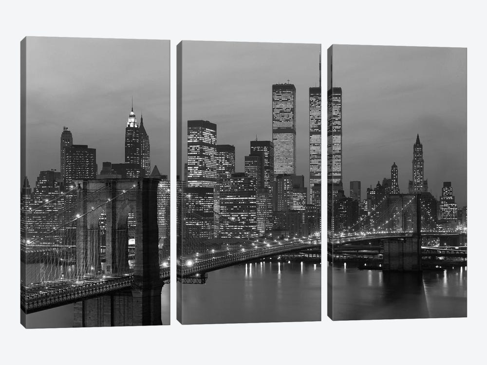 1980s New York City Lower Manhattan Skyline Brooklyn Bridge World Trade Center by Vintage Images 3-piece Canvas Print