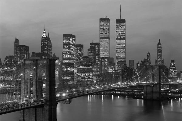 Large Photography - Canvas Prints: 1980s New York City Lower Manhattan Skyline Brooklyn Bridge World Trade Center by Vintage Images