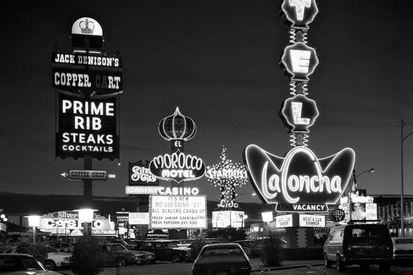 Signs: 1980s Night Neon On The Strip For El Morocco La Concha Stardust Las Vegas Nevada USA by Vintage Images