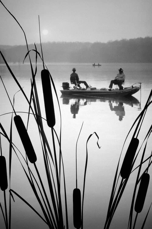 1980s Two Anonymous Silhouetted Men In Bass Fishing Boat On Calm Water Lake Cattails In Foreground