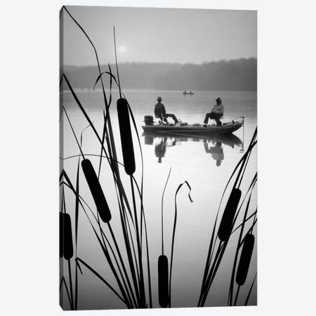 1980s Two Anonymous Silhouetted Men In Bass Fishing Boat On Calm Water Lake Cattails In Foreground Canvas Print #VTG505} by Vintage Images Canvas Artwork
