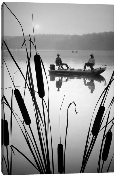 1980s Two Anonymous Silhouetted Men In Bass Fishing Boat On Calm Water Lake Cattails In Foreground Canvas Art Print - Vintage Images
