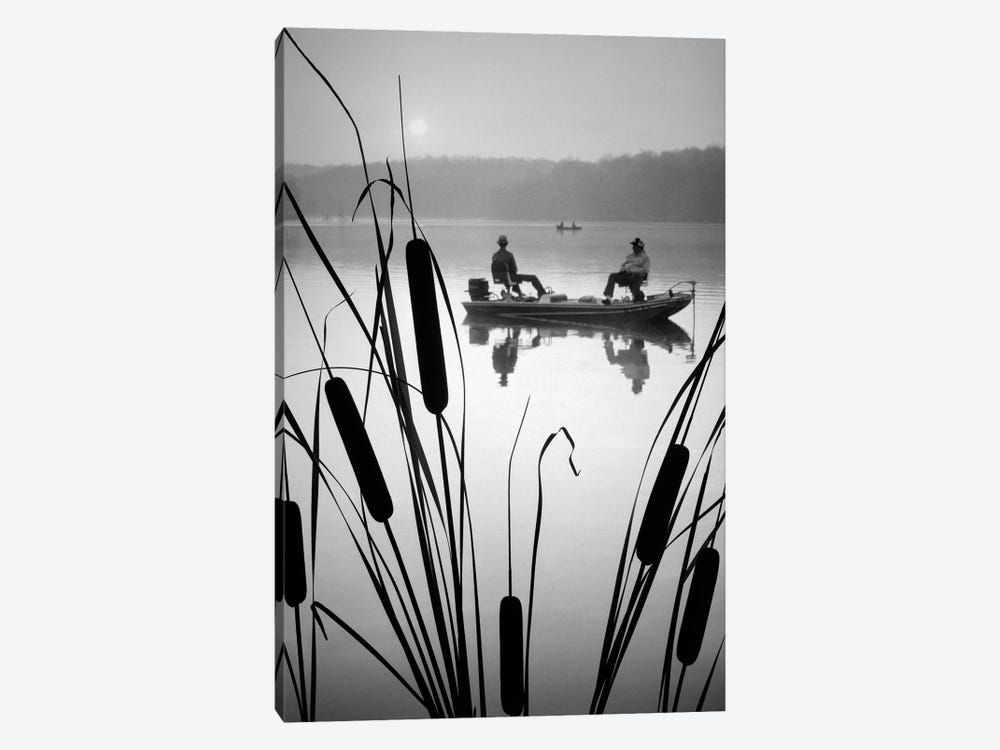 1980s Two Anonymous Silhouetted Men In Bass Fishing Boat On Calm Water Lake Cattails In Foreground by Vintage Images 1-piece Canvas Print