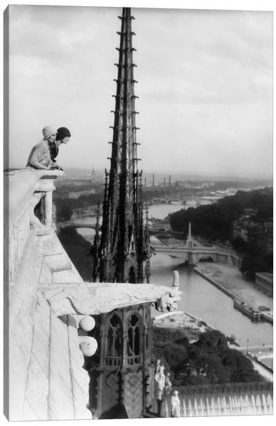 1920s Two Women Looking Out From Top Of Notre Dame Cathedral Paris France Canvas Art Print - Famous Places of Worship