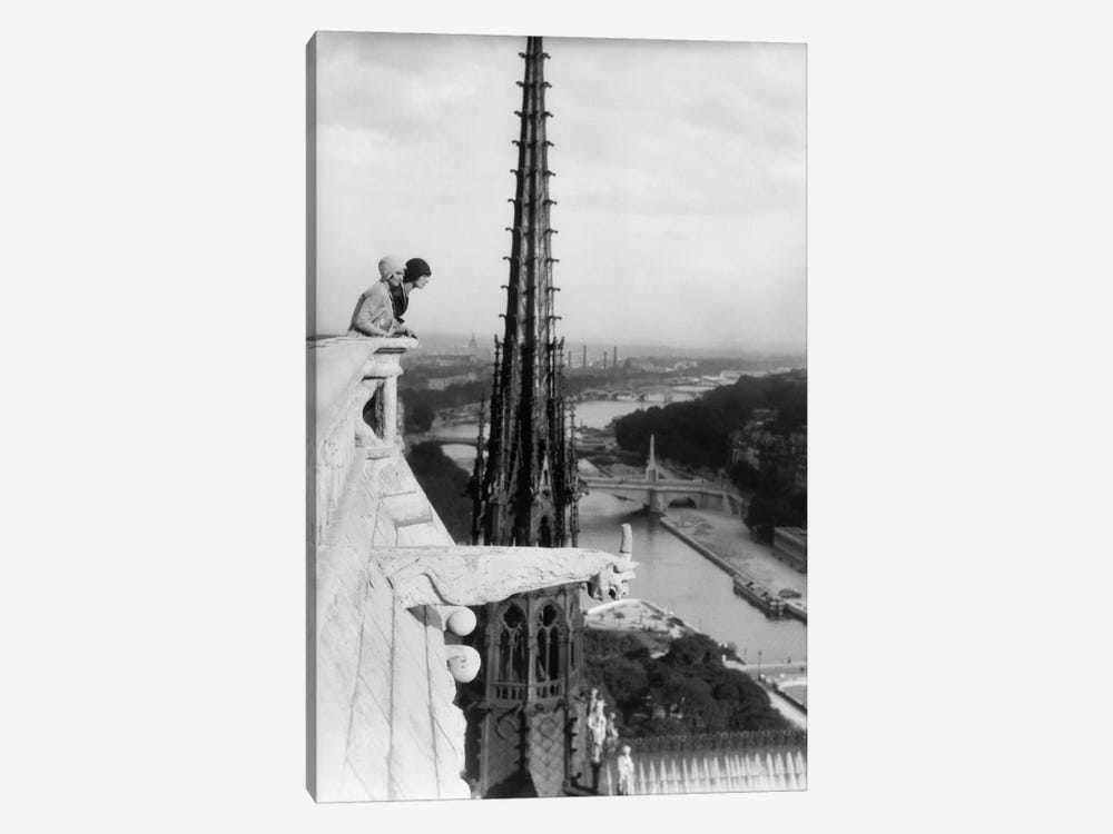 1920s Two Women Looking Out From Top Of Notre Dame Cathedral Paris France by Vintage Images 1-piece Canvas Art