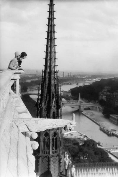 Notre Dame Cathedral: 1920s Two Women Looking Out From Top Of Notre Dame Cathedral Paris France by Vintage Images