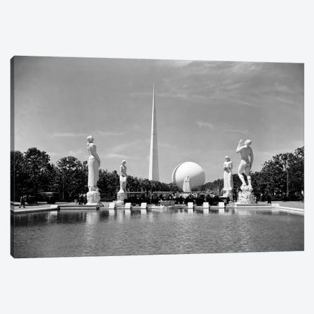Constitution Mall 1939 World's Fair Pond Surrounded By Statues With Perisphere And Trylon Tower Obelisk New York USA Canvas Print #VTG521} by Vintage Images Canvas Art Print