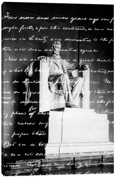 Handwritten Gettysburg Address Superimposed Over Statue At Lincoln Memorial Canvas Art Print - Sculpture & Statue Art