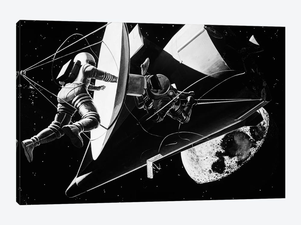 Illustration 1960s Weightless Astronauts Eva Extravehicular Activity Assembling Reflector For Space Station Science Sci-Fi Moon by Vintage Images 1-piece Canvas Print