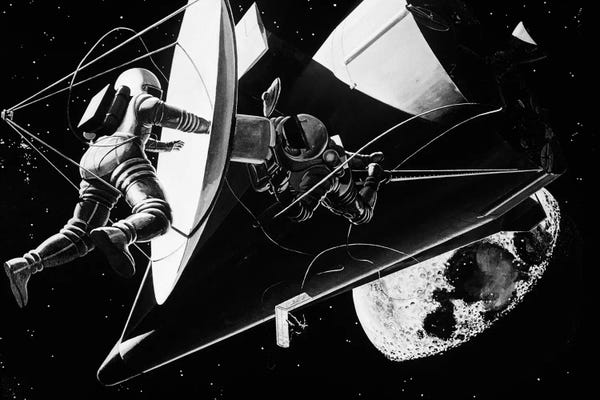 Illustration 1960s Weightless Astronauts Eva Extravehicular Activity Assembling Reflector For Space Station Science Sci-Fi Moon