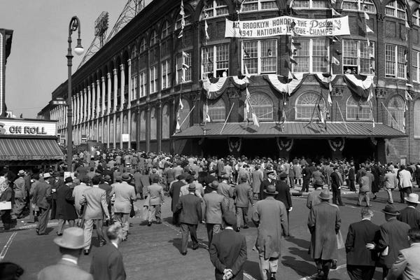 Brooklyn: October 1947 Dodger Baseball Fans Pour Into Main Entrance Ebbets Field Brooklyn Borough New York City USA by Vintage Images