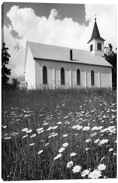 Rural Church In Field Of Daisies Canvas Art Print