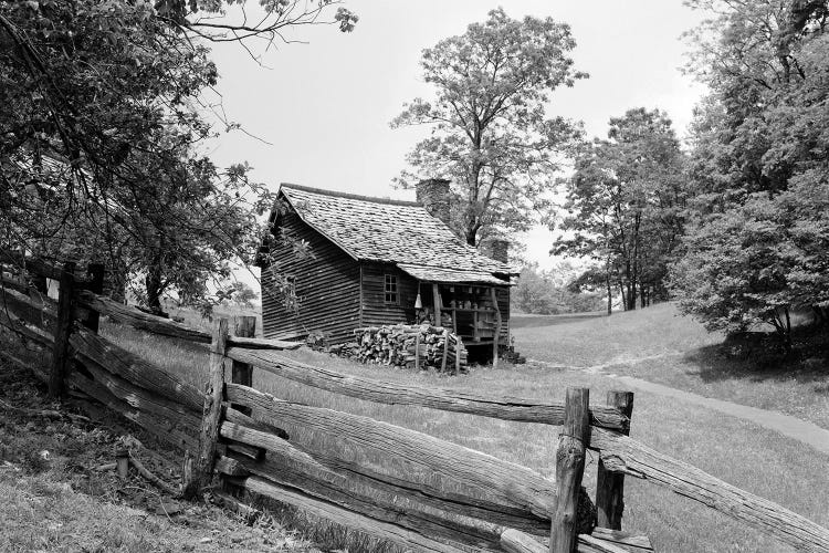 Rustic Log Cabin From 1880s Behind Post & Rail Fence In Blue Ridge Mountains