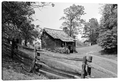 Rustic Log Cabin From 1880s Behind Post & Rail Fence In Blue Ridge Mountains Canvas Art Print - Country Scenic Photography