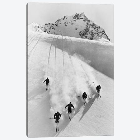 1920s-30s Five Anonymous Men Skiing Down Snow Covered Alps Switzerland Canvas Print #VTG539} by Vintage Images Canvas Wall Art