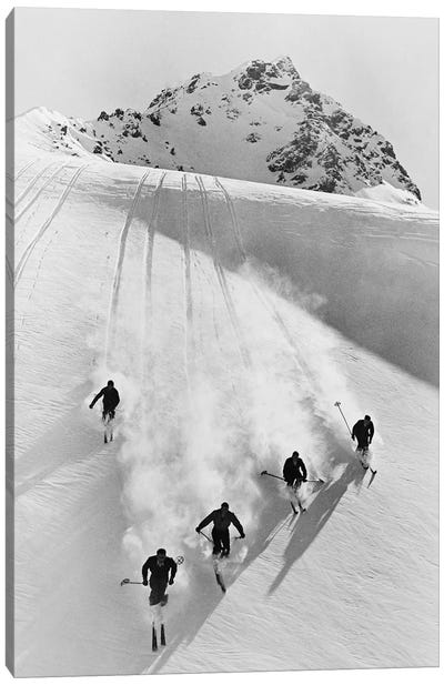 1920s-30s Five Anonymous Men Skiing Down Snow Covered Alps Switzerland Canvas Art Print - Ski Chalet