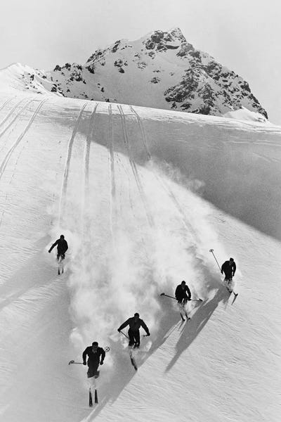 Switzerland: 1920s-30s Five Anonymous Men Skiing Down Snow Covered Alps Switzerland by Vintage Images
