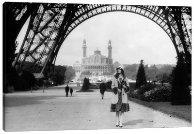 1920s Woman Walking Under The Eiffel Tower With The Trocadero In Background Paris France Canvas Art Print - Paris Photography