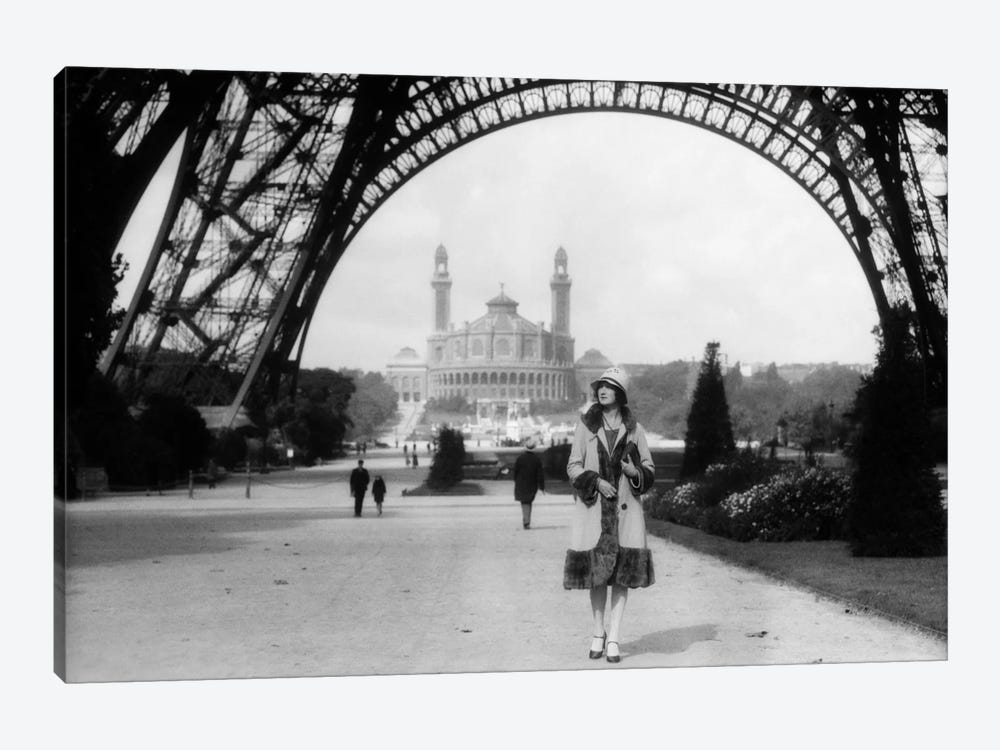 1920s Woman Walking Under The Eiffel Tower With The Trocadero In Background Paris France by Vintage Images 1-piece Canvas Wall Art