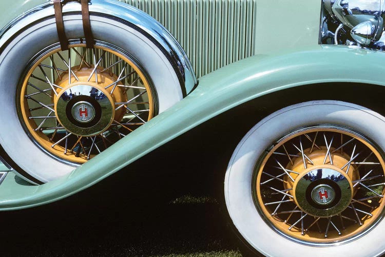 1920s-30s Front Wheel And Spare Tire On Aqua Green Antique Classic Car With White Walls And Orange Wire Rims Outdoor