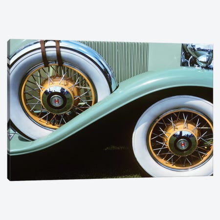 1920s-30s Front Wheel And Spare Tire On Aqua Green Antique Classic Car With White Walls And Orange Wire Rims Outdoor Canvas Print #VTG540} by Vintage Images Canvas Print
