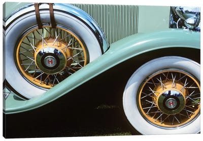 1920s-30s Front Wheel And Spare Tire On Aqua Green Antique Classic Car With White Walls And Orange Wire Rims Outdoor Canvas Art Print - Vintage Images