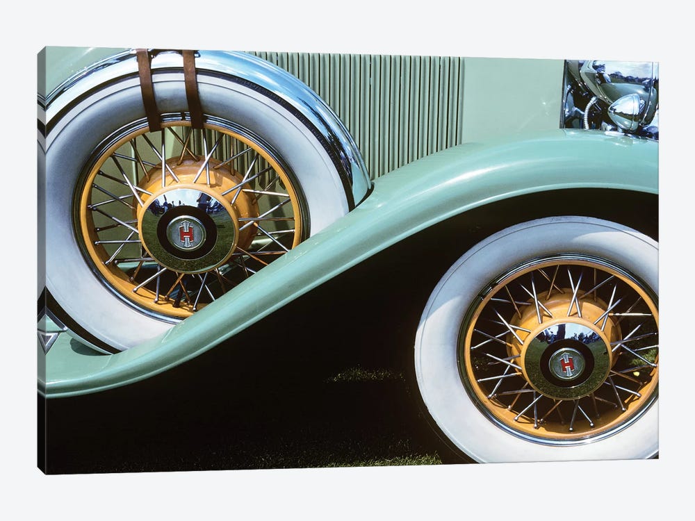 1920s-30s Front Wheel And Spare Tire On Aqua Green Antique Classic Car With White Walls And Orange Wire Rims Outdoor by Vintage Images 1-piece Canvas Artwork