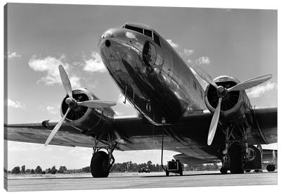 1940s Domestic Propeller Passenger Airplane Dual Engine Landing Gear Nose And Partial Wings Visible Canvas Art Print - Airplane Art