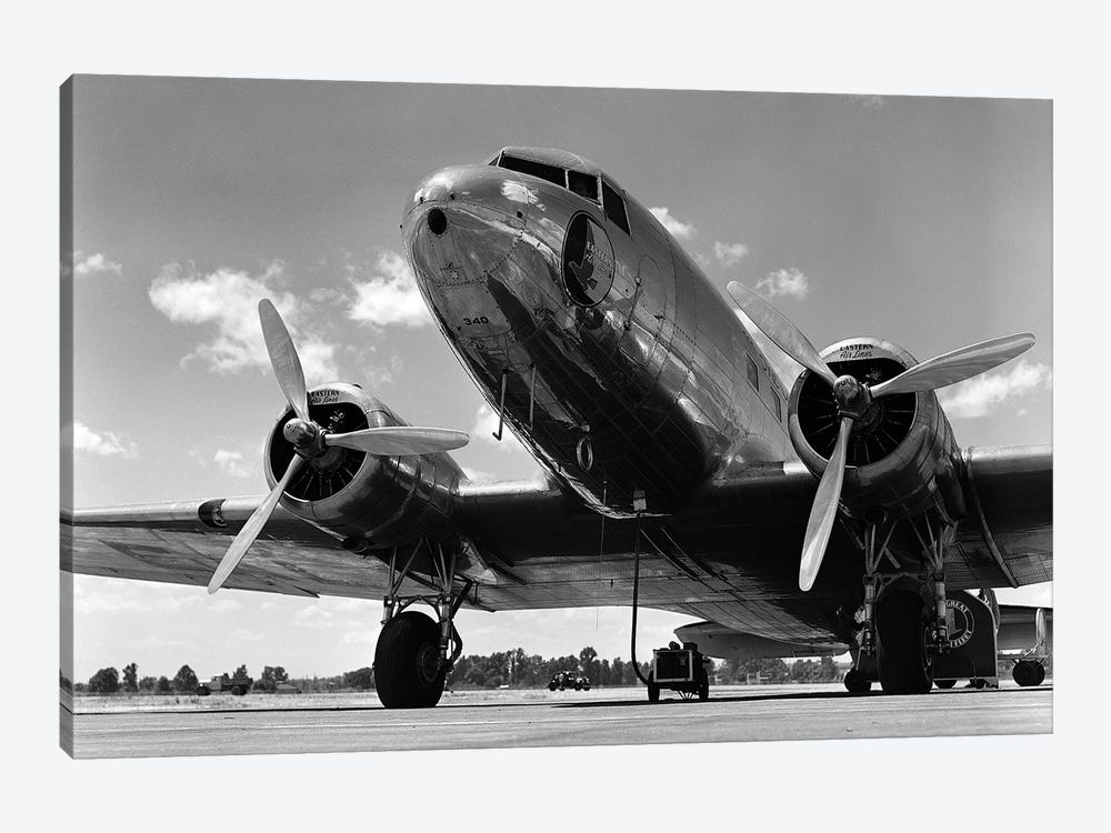 1940s Domestic Propeller Passenger Airplane Dual Engine Landing Gear Nose And Partial Wings Visible by Vintage Images 1-piece Canvas Print