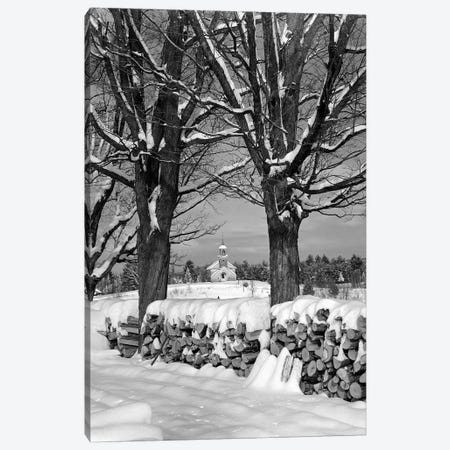 1940s Pile Of Snow-Covered Firewood Logs Stacked Between Two Trees With Country Church In Background Canvas Print #VTG550} by Vintage Images Canvas Wall Art