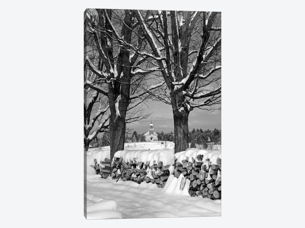 1940s Pile Of Snow-Covered Firewood Logs Stacked Between Two Trees With Country Church In Background by Vintage Images 1-piece Art Print