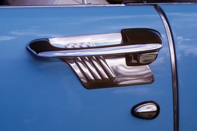 1950s Art Deco Style Door Handle Of Vintage Antique Classic Car Metallic Silver And Blue Graphic Design Outdoor by Vintage Images canvas print