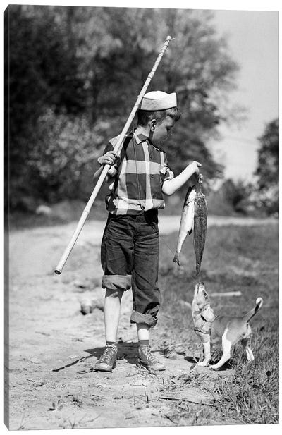 1950s Boy Plaid Shirt Sailor Hat Fishing Pole Dog Pulling On Tail Of Caught Fish Canvas Art Print - Animal & Pet Photography