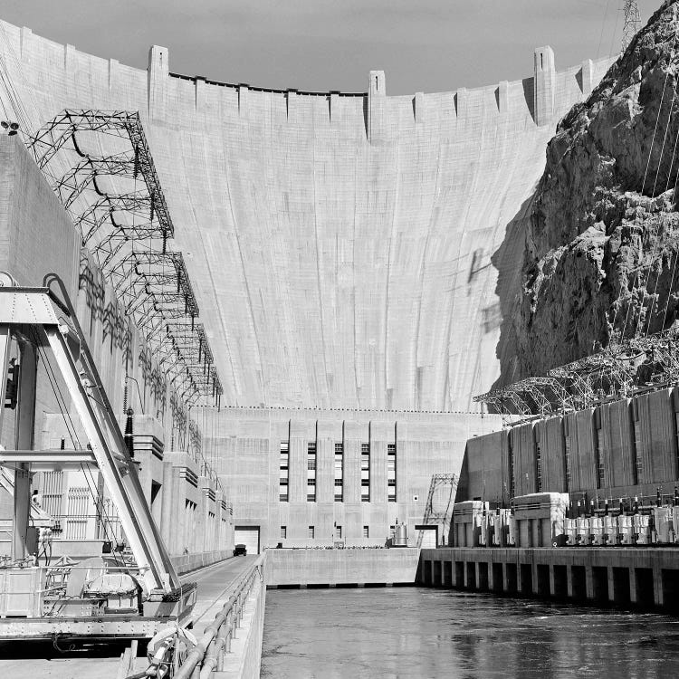 1950s Shot Of Hoover Dam Taken From End Of Concrete Piers Where Transformers Are Located