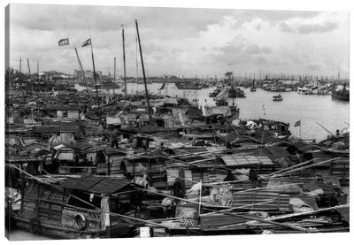 1920s-1930s Busy Harbor On Pearl River Crowded With Many Sampans Boats Canton China Canvas Art Print - Harbor & Port Art