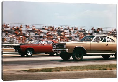 1970s 2 Cars Drag Racing Grandstand Race Speed Competition Automotive Brownsville Indiana Raceway Canvas Art Print - Indiana Art