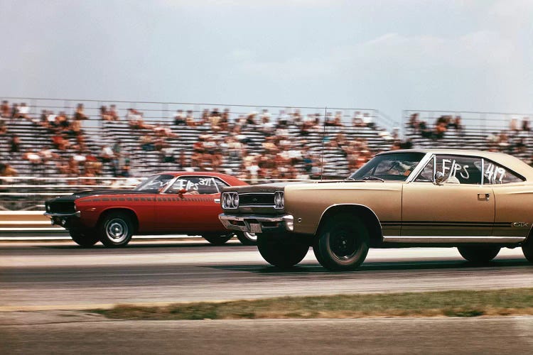 1970s 2 Cars Drag Racing Grandstand Race Speed Competition Automotive Brownsville Indiana Raceway