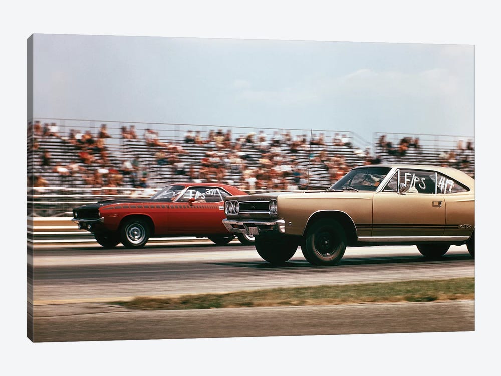 1970s 2 Cars Drag Racing Grandstand Race Speed Competition Automotive Brownsville Indiana Raceway 1-piece Canvas Art