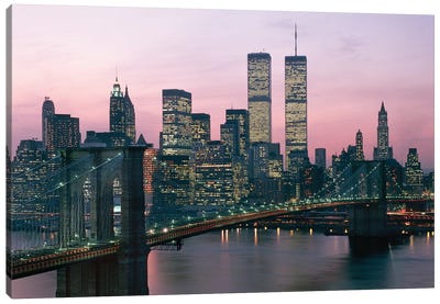 1980s New York City, NY Downtown Skyline At Dusk Canvas Art Print - Urban Scenic Photography