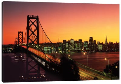 1980s Oakland Bay Bridge At Night San Francisco, California USA Canvas Art Print - Golden Gate Bridge