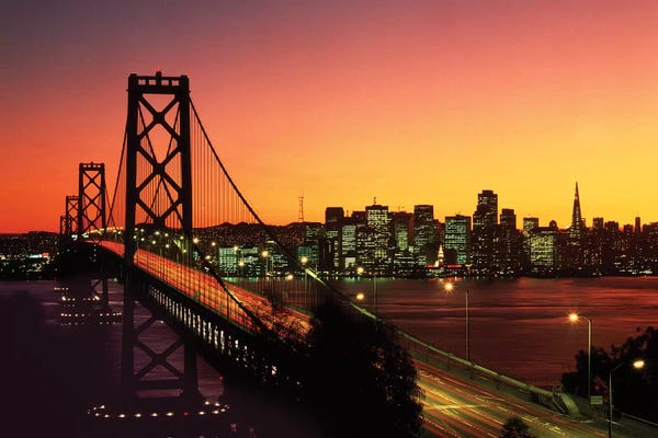 Oakland: 1980s Oakland Bay Bridge At Night San Francisco, California USA by Vintage Images