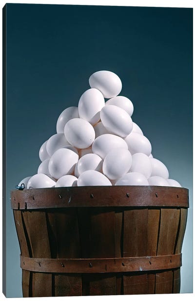 Brown Wooden Bushel Basket Full Of White Chicken Eggs In 1 Basket Pyramid Shape Triangle Canvas Art Print - Egg Art