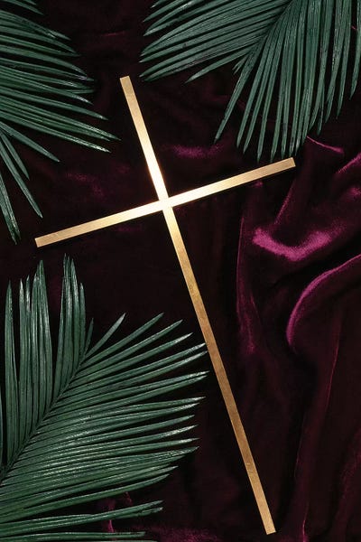Gold Cross Green Palm Fronds Purple Velvet Background by Vintage Images canvas print