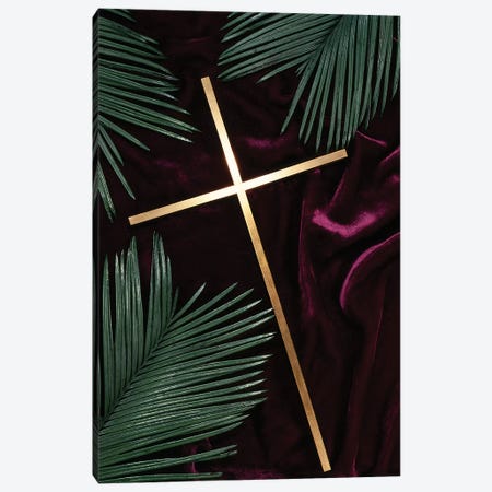 Gold Cross Green Palm Fronds Purple Velvet Background Canvas Print #VTG627} by Vintage Images Art Print