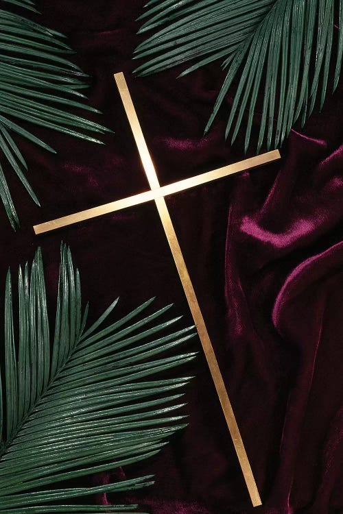 Gold Cross Green Palm Fronds Purple Velvet Background