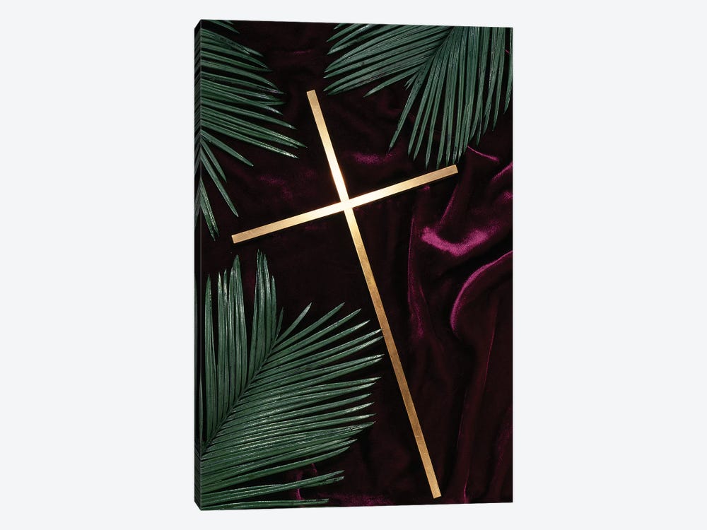 Gold Cross Green Palm Fronds Purple Velvet Background by Vintage Images 1-piece Canvas Print