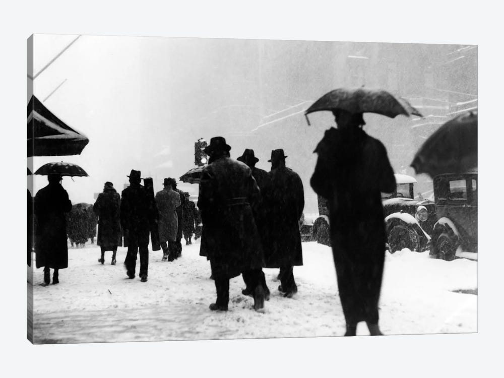 1920s-1930s Crowd Of Anonymous Pedestrians Silhouetted By Snow Storm Walking On City Street Sidewalk by Vintage Images 1-piece Canvas Wall Art