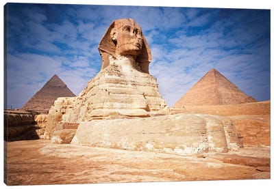 The Great Sphinx Chefren & Cheops Pyramids At Giza, Egypt Canvas Art Print - Landmarks & Attractions